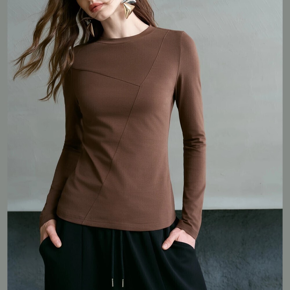 Brown Ribbed Knit Asymmetric Seam Round Neck Slim Fit Long Sleeve Tee Top
